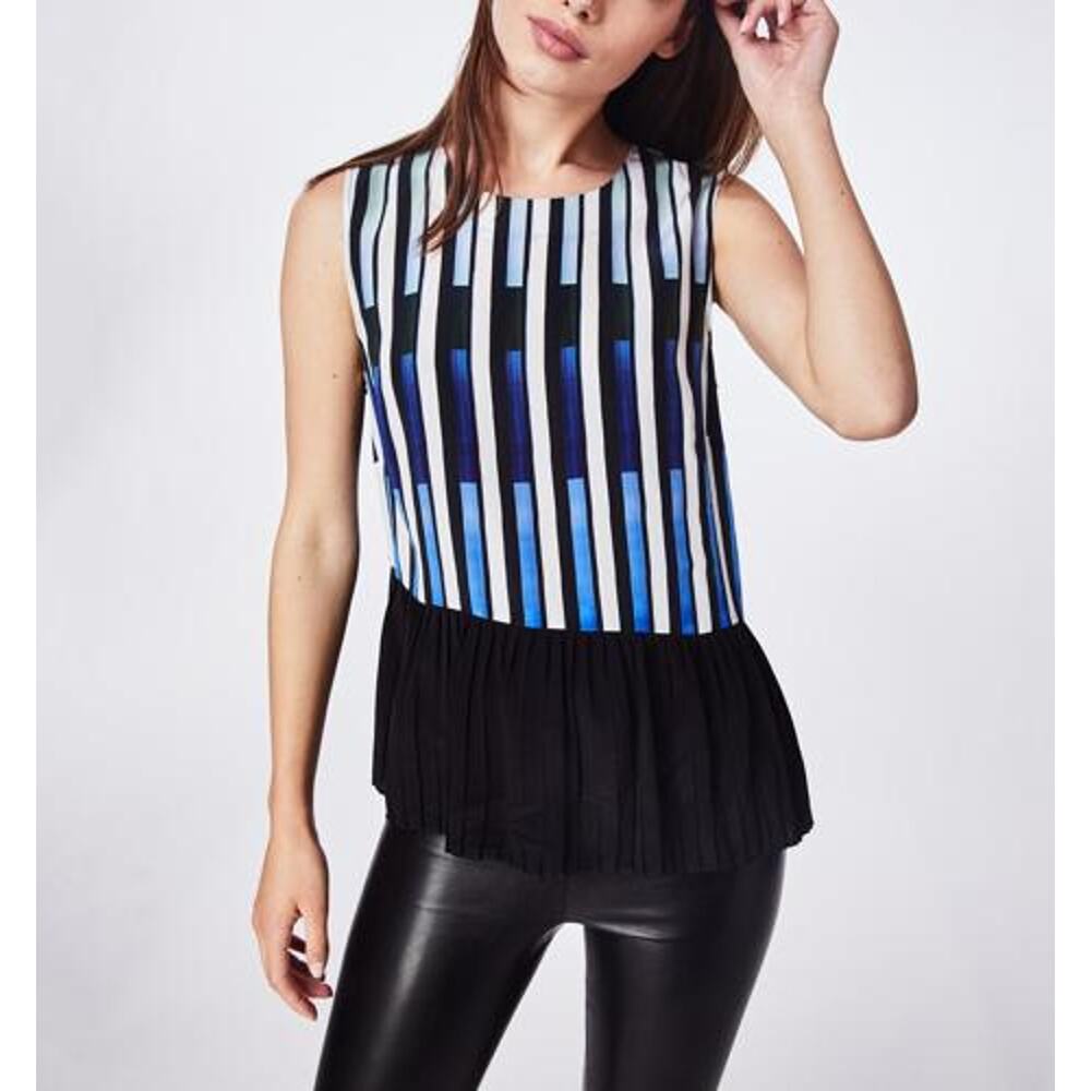 Nicole Miller NY Sleeveless Pleated Blouse - Geometric - Blue Black - XS